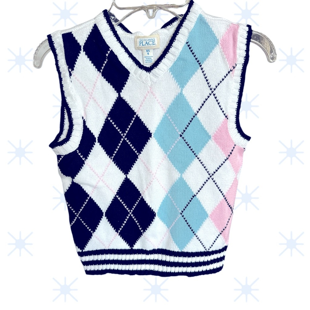 Children’s Place Argyle Sweater Vest - Black, White, Blue, Pink.  Size XS/4.